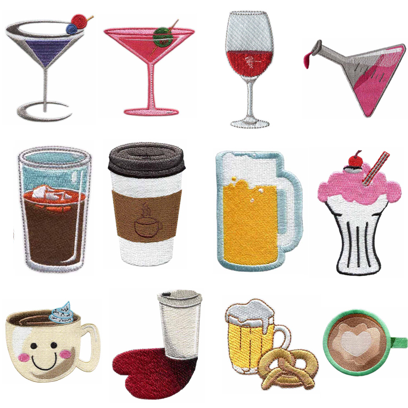 Wine Beer Hat - แผ่นปะลายปักสำหรับรีดติดลายแก้วและเครื่องดื่ม แผ่นปะลายปักตกแต่งลายแก้วไวน์ กาแฟ เบียร์ สำหรับเสื้อผ้า หมวก